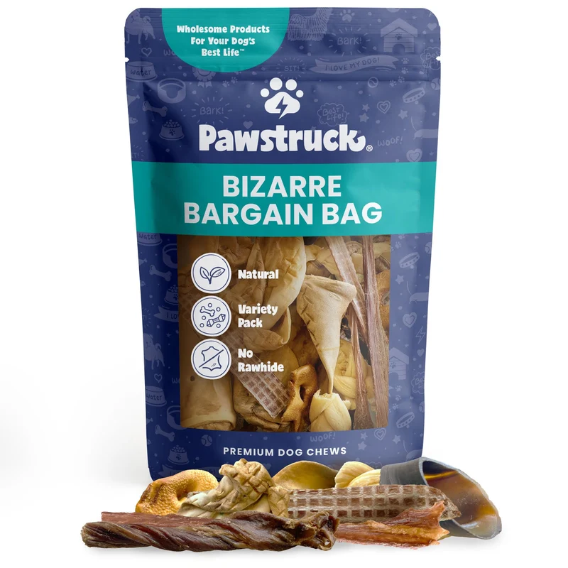 Pawstruck Sac Bazar Inattendu pour Chiens - Friandises Naturelles: Oreilles, Viande Séchée, Os, Sabots et Bandes de Boeuf - 1 lb - Sans Rawhide