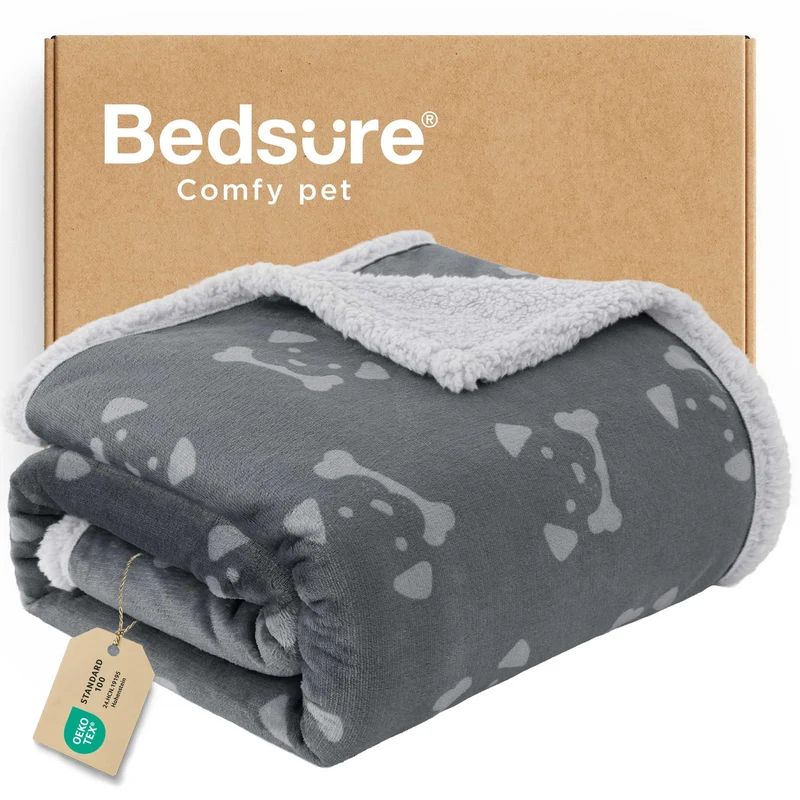 Bedsure Couverture Imperméable pour Chien Grand – Peluche Sherpa Double-face, 40x50, Gris Ancre