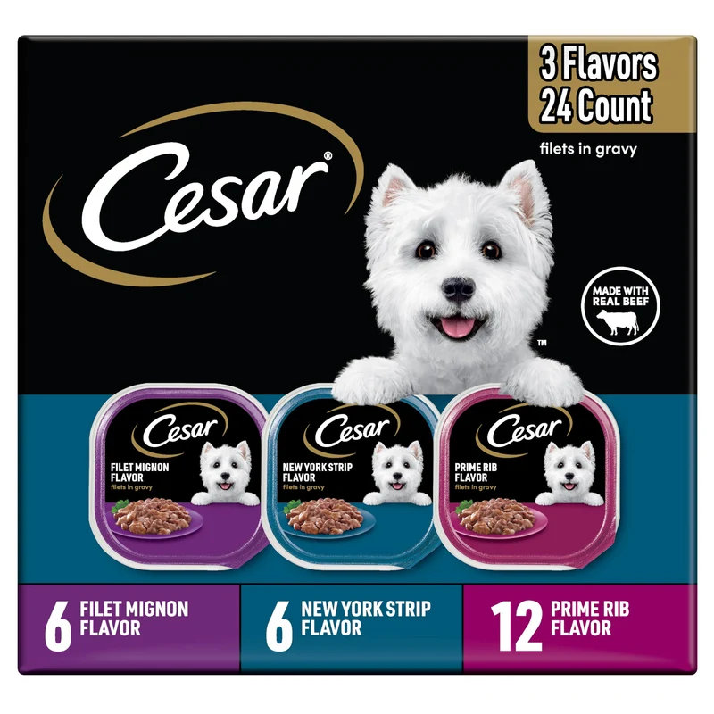 Cesar Filets en Sauce pour Chiens Adultes – Pack Variété (3 saveurs), Barquettes 3,5 oz, 24