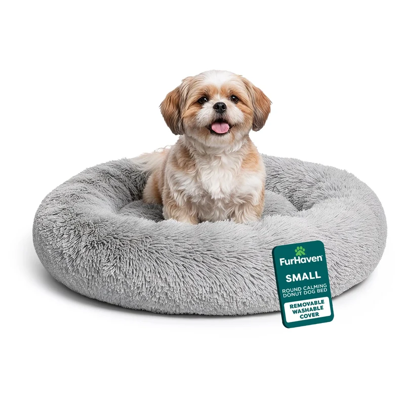 FurHaven Coussin rond apaisant 23 pouces pour petits chiens et chats – Housse lavable et remplissage durable