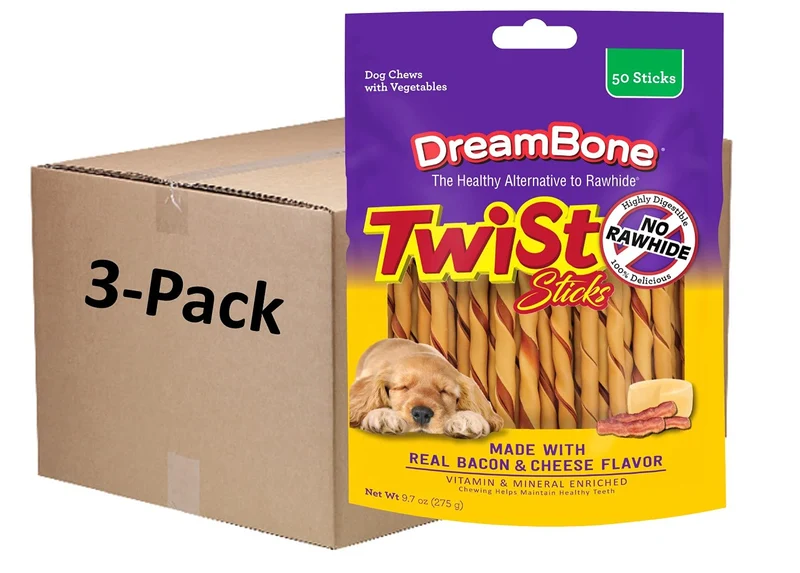DreamBone Twist Sticks Sans Cuir – Bacon et Fromage, 50 sticks, Lot de 3 pour Chiens
