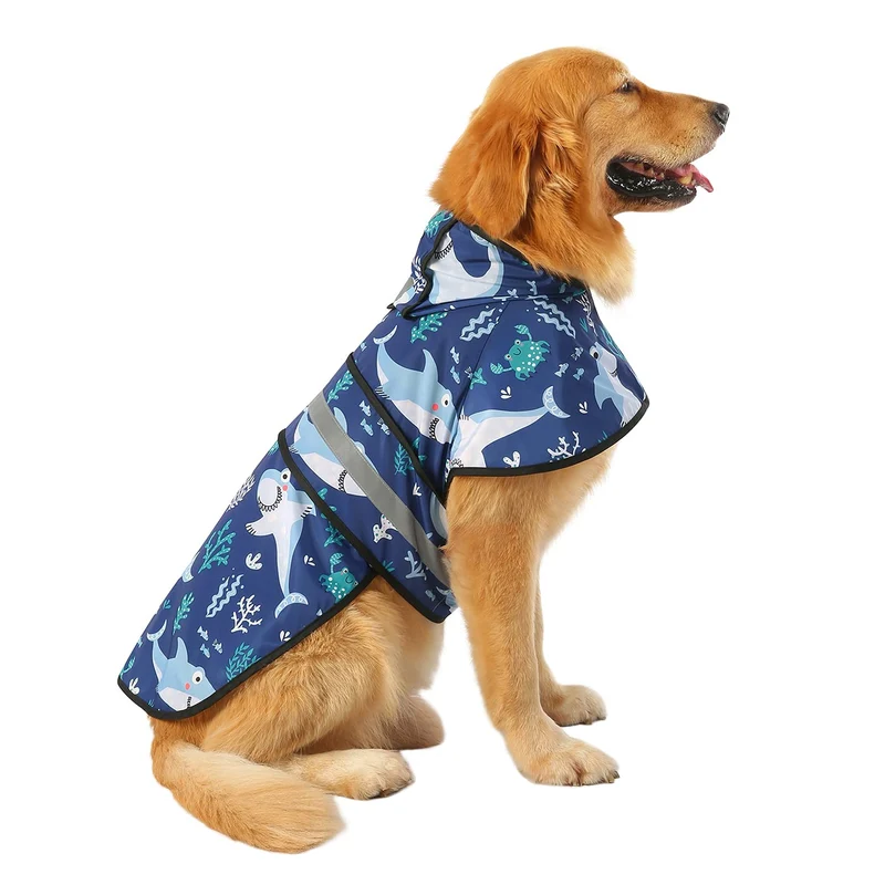 HDE Manteau Imperméable pour Chien avec Capuche Reflechissante et Ouverture Pour Laisse Sharks XL