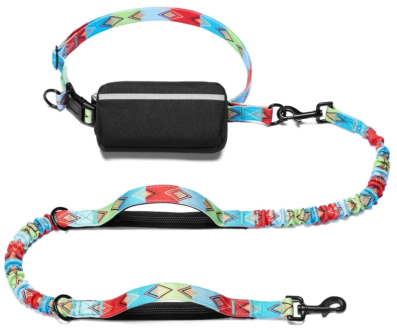 iYoShop Laisse mains libres pour chien – Poche zippée, poignées rembourrées et bungee durable (Grand, Coloris losange multicolore)