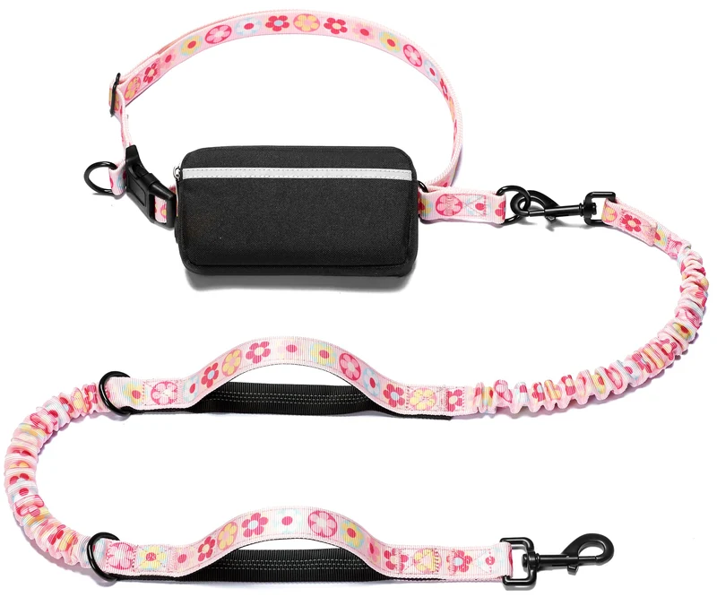 iYoShop Longe mains libres pour chien – Poche zippée, poignées rembourrées et bungee durable (Motif fleuri)