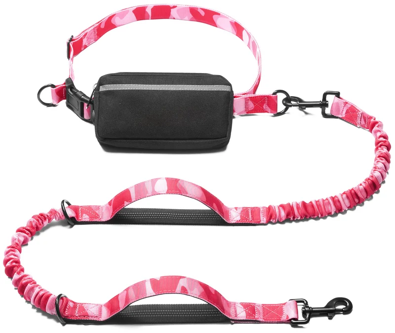 iYoShop Laisse Mains Libres avec Poche Zippée – Deux Poignées Rembourrées, Camouflage Rose, Taille L