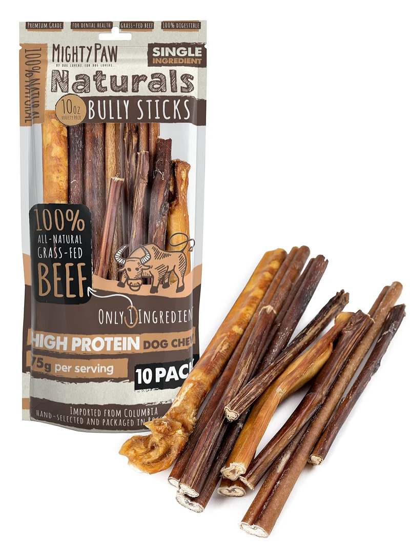 Mighty Paw Naturals – Variété Bully Sticks pour Chiens (Boeuf nourri à l’herbe, faible odeur)