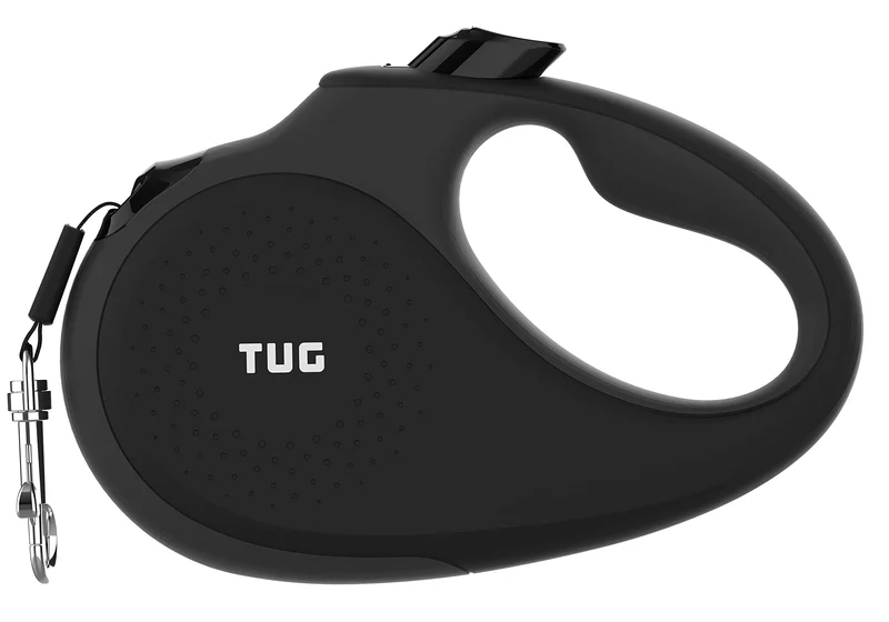 Laisse Rétractable TUG 360° Sans Enchevêtrement — Poignée Antidérapante, Bande Nylon 16 Pieds, Grand (Noir/Gris)