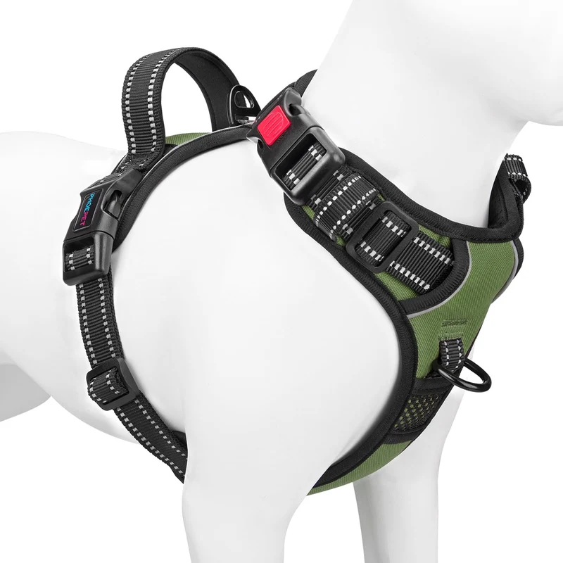 PHOEPET Harnais Chien Sans Tirage avec Poignée – Clip Avant et Arrière, Boucles Faciles, Taille XL, Vert Brumeux