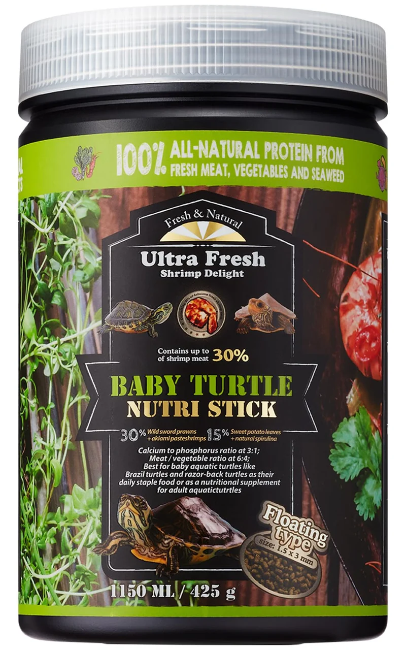 Ultra Fresh – Nourriture flottante pour tortues bébé, ingrédients naturels, saveur crevette sauvage, calcium et vitamine D – Nutri Stick 15 oz