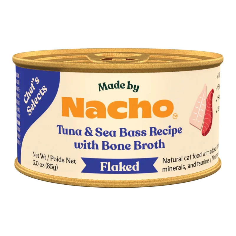 Made by Nacho Flaked Filets – Bouillon d'Os Citrouillé Sans Céréales, Thon et Bar, 3 oz (pack de 12)