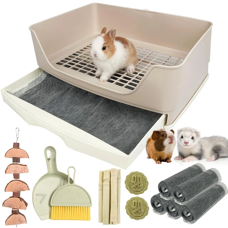 RUBYHOME Litière d’angle Oversize pour lapin – Grand bac avec tiroir, nettoyage facile
