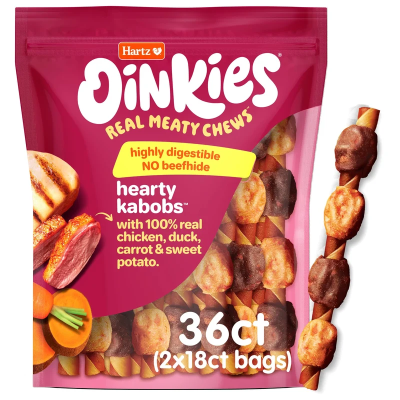 Hartz Oinkies Hearty Kabob – Friandises pour Chiens (36 pièces) poulet-canard-patate douce-carotte – sans cuir cru de bœuf