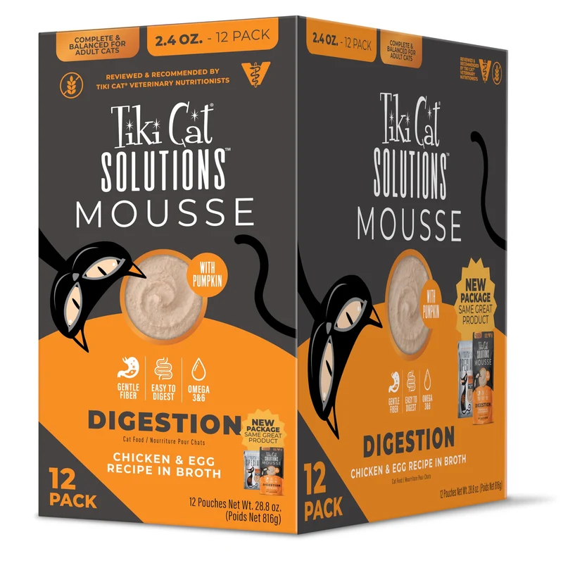 Tiki Cat Solutions Mousse Digestion – Poulet & Œuf, 12 Poches 2,4 oz pour Chat Adulte