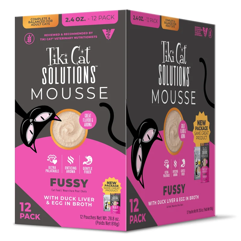 Solutions Mousse Fussy – Tiki Cat, pâtée humide pour chats difficiles, foie de canard et œuf, 12 sachets de 68 g