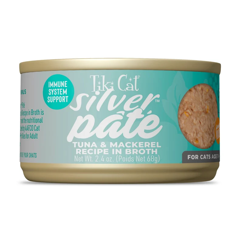 Tiki Cat Silver Pate – Chat âgé 11+ au thon et maquereau en bouillon, 12 boîtes de 2,4 oz