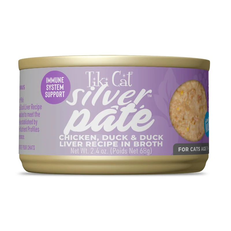 Tiki Cat Silver Pâté pour Chats Âgés 11+ – Poulet, Canard et Foie en Bouillon, 12 Boîtes de 68 g