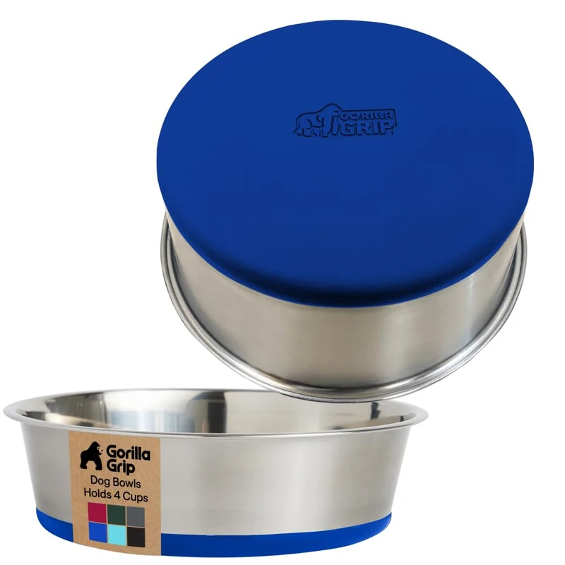 GORILLA GRIP – Bols chiens et chats en inox 304, ensemble de 2, 4 tasses chacun, base silicone antidérapante (bleu)