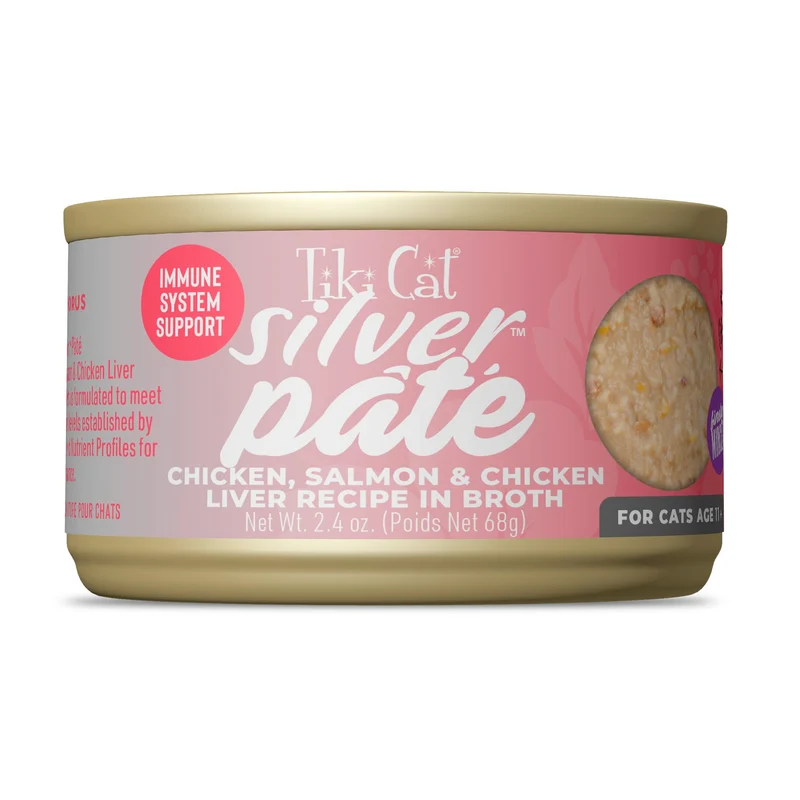 Tiki Cat Silver Pâté : Poulet, Saumon et Foie en Bouillon pour Chats 11+ ans – Boîtes 12 × 2,4 oz