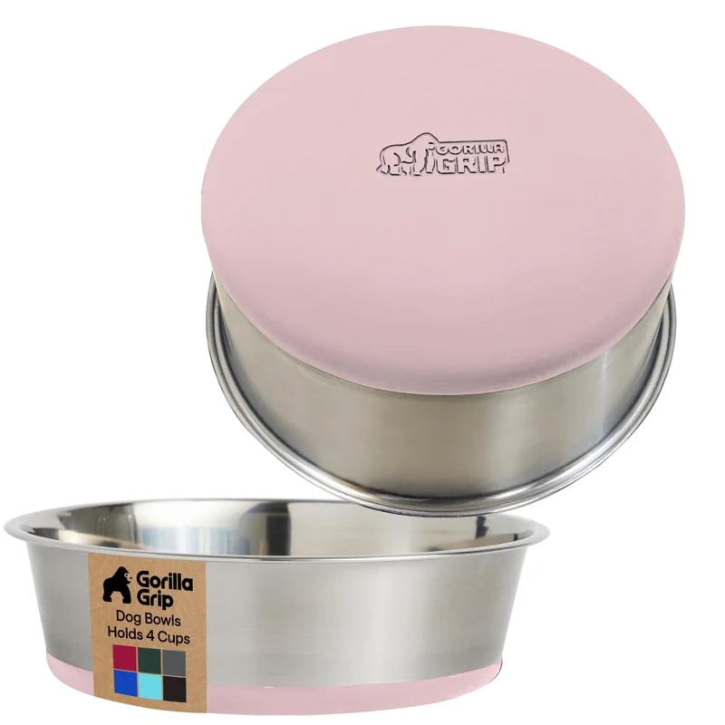 GORILLA GRIP - Gamelles en inox 304 (4 tasses) pour chiens et chats | Ensemble de 2, base silicone antidérapante, rose