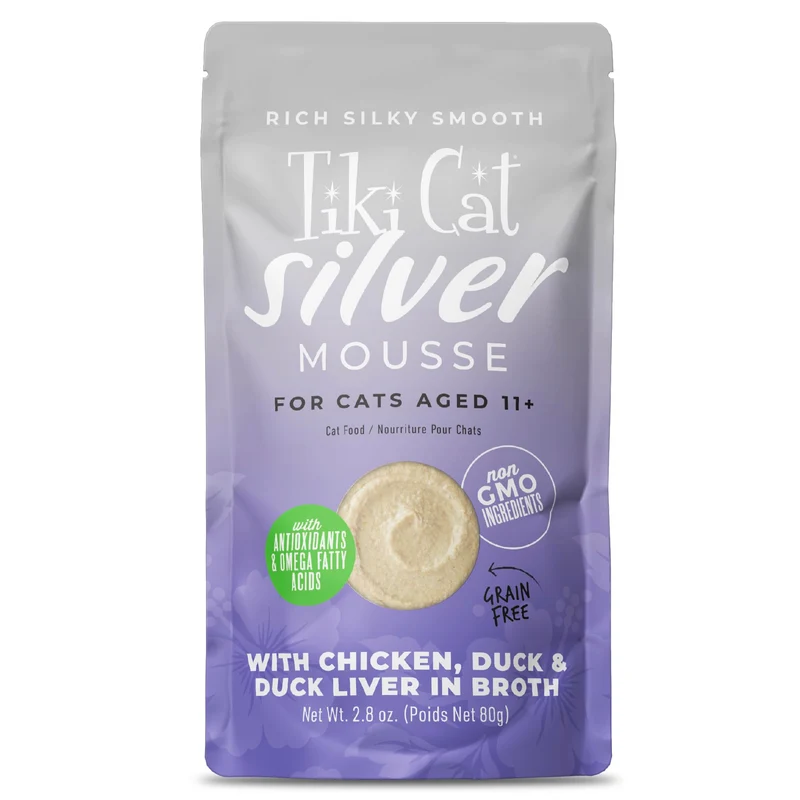 Tiki Cat Silver Mousse pour Chats Seniors (11+) — Poulet, Canard & Foie dans Bouillon, 12 Sachets 2,8 oz