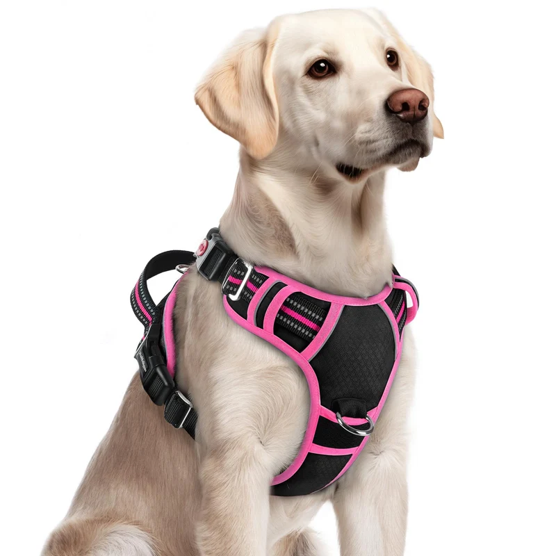 Rabbitgoo Harnais Chien Grand – Sans Tir, 3 Boucles, Maille Air Douce, Poignée Haute, Bandes Réfléchissantes, Noir/Rose, Taille L