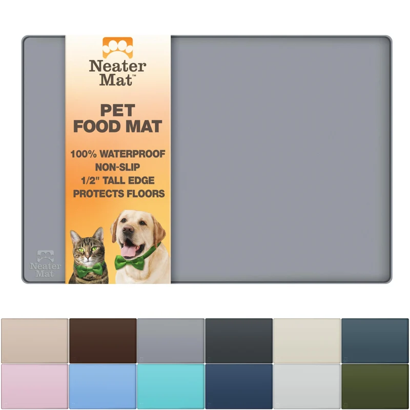 Neater Mat — Tapis pour gamelles, silicone étanche, rebord surélevé 24 x 16, gris
