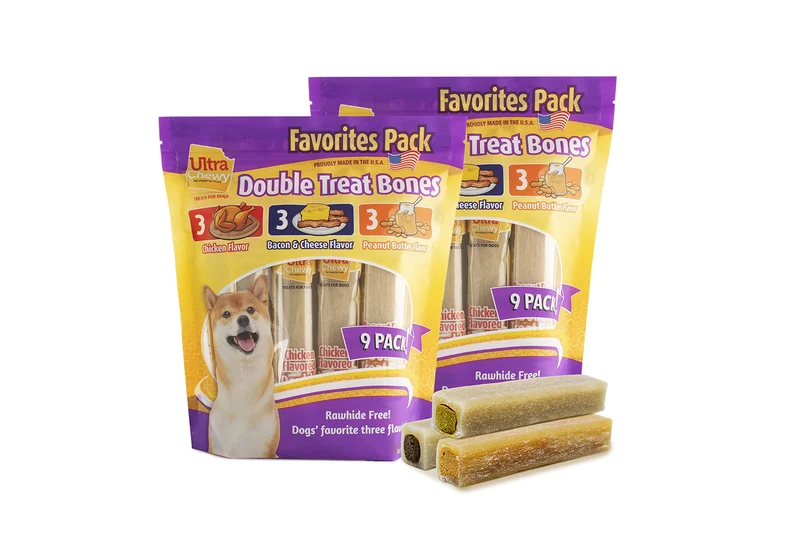 Ultra Chewy Favorites Os Double Treat – Friandises digestibles sans rawhide, fabriqué aux États-Unis (2 paquets, 9 os par paquet)