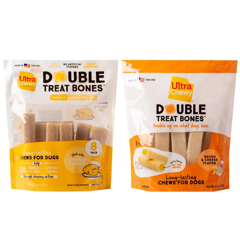 Ultra Chewy Double Treat Bones – Os longue durée pour chiens de toutes tailles, saveurs bacon et fromage et poulet, 2 paquets – USA