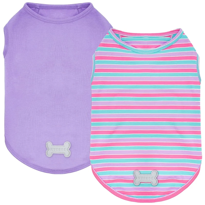 KYEESE Lot de 2 T-Shirts Chien rayures violet et bleu – Débardeur léger sans manches, taille Large