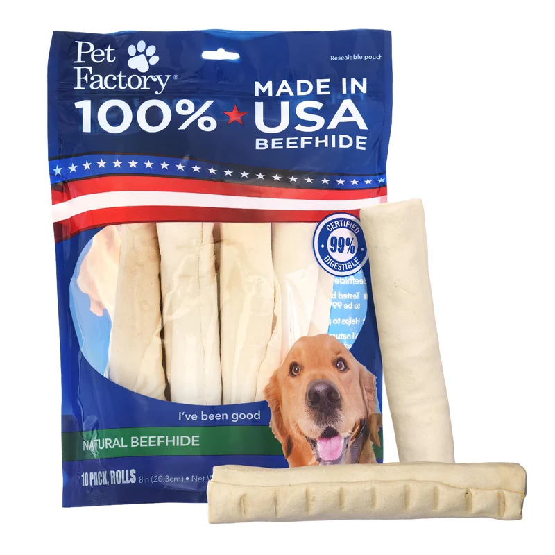 Pet Factory – Rouleaux de peau de boeuf 8 pouces pour chien moyen – Naturel, fabriqué aux États-Unis, 10 pièces
