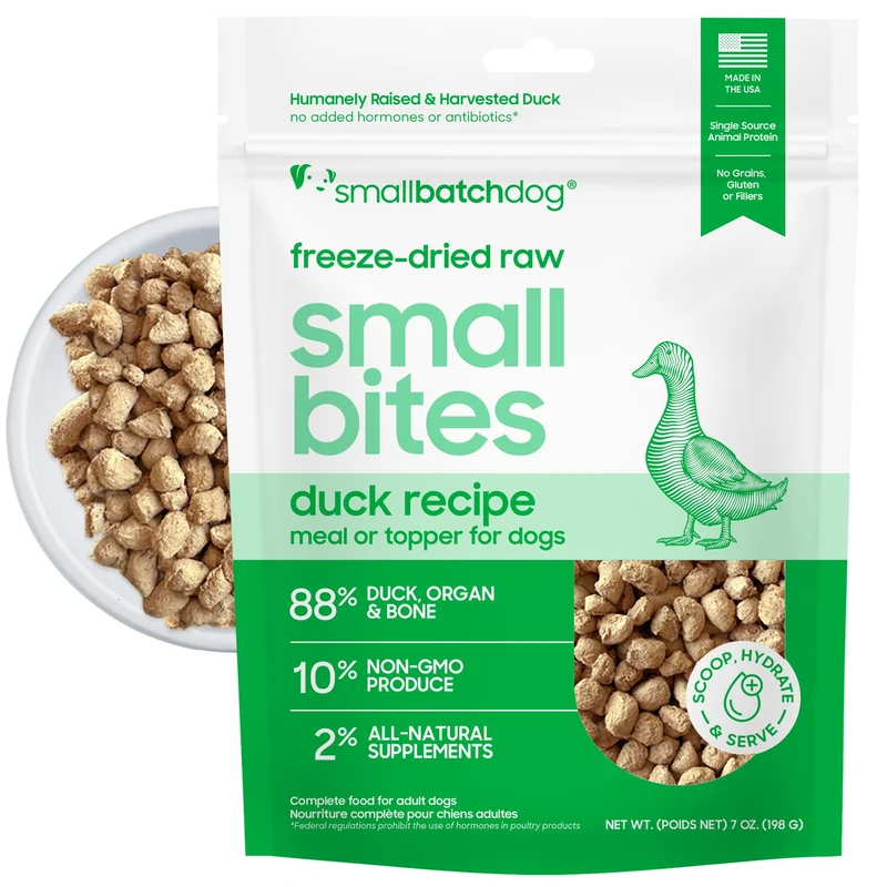 smallbatch Aliments Canins Crus Lyophilisés – Recette Canard, Bouchées 7oz – Sans Céréales, Protéine Élevée, Repas Complet ou Topping – Fabriqué aux USA
