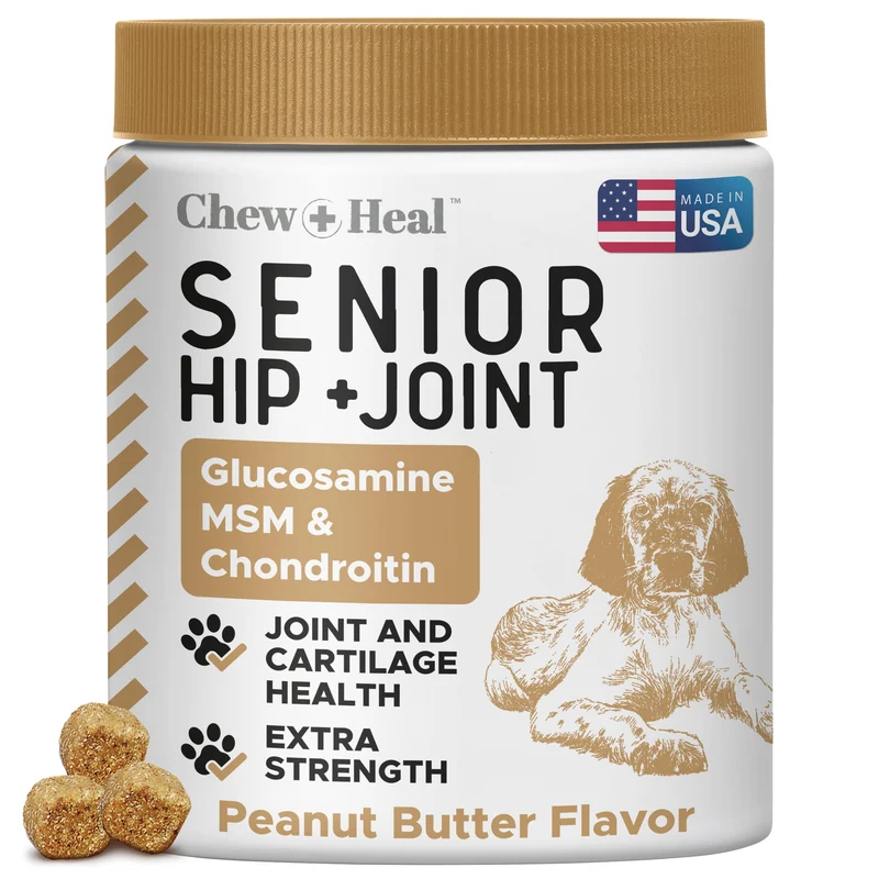Chew + Heal Labs — Supplément Hanche et Articulations pour Chiens Âgés – 60 Bouchées Beurre de Cacahuète