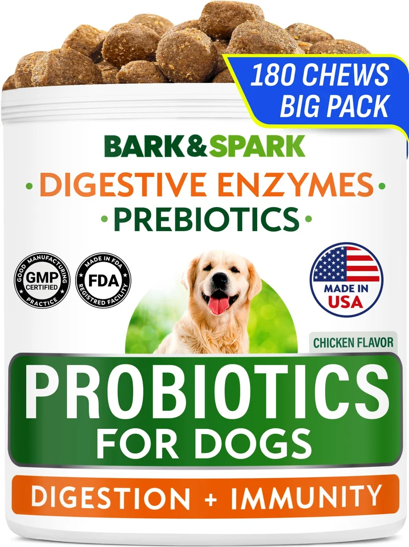 Bark&Spark Probiotiques & Enzymes Digestifs pour Chiens – Santé Intestinale, Allergies & Peau – 180 bouchées au poulet