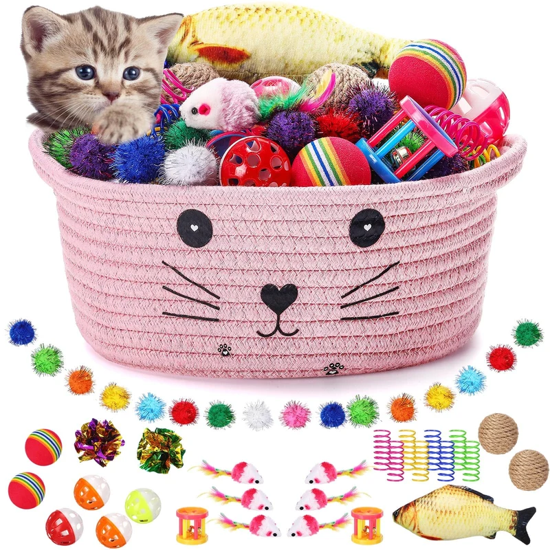Zopeal 58 pièces Panier de rangement pour chat rose et jouets interactifs – Balles flash, peluches (9,8 po)