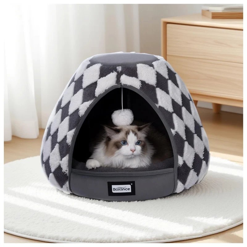 BALANCE Lit Chat Caverne 2-en-1 – Tente Douce, Base Antidérapante, 19 pouces, Gris Foncé