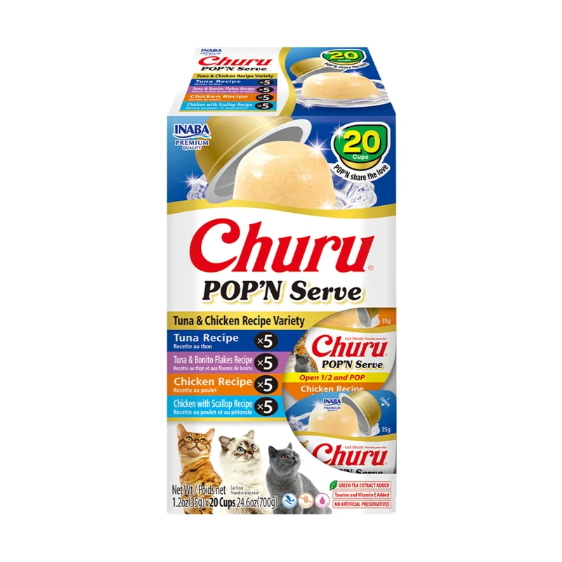 INABA Churu Pop'N Serve Gelée – friandises pour chat, hydratation et saveurs Thon/Poulet, 20 coupes