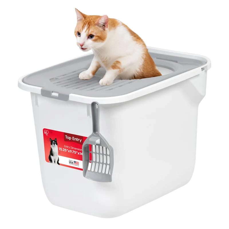 IRIS USA Boîte à litière pour chat – Entrée par le haut, couvercle et bac fermé, Privacité, Blanc/Gris