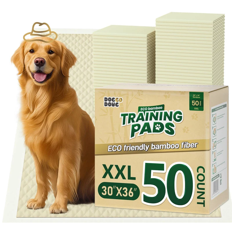 DOGGO DOUG Tapis pour chiots – 50 Unités, 30x36 po, Absorbant, Contrôle des Odeurs, Anti-Fuite, Bambou