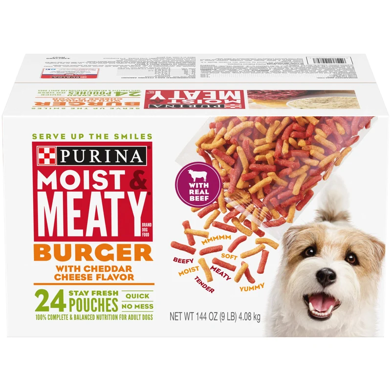 Purina Moist & Meaty - Nourriture sèche pour chien, Saveur hamburger au cheddar — Sachet de 24 portions