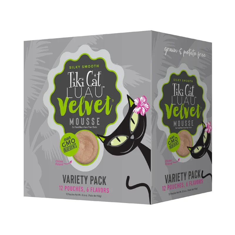 Tiki Cat Velvet Mousse – Mélange Protéiné en Bouillon, Pack Variété 12 Sachets 2,8 oz – Repas Humide pour Chats