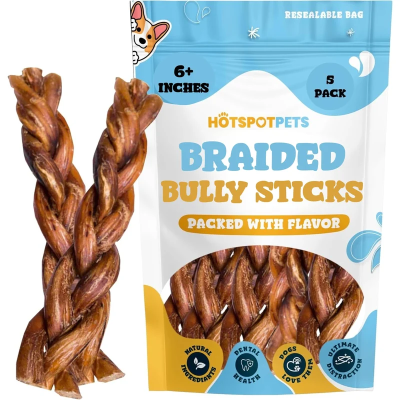 Hotspot Pets Bâtons de bœuf tressés 6 pouces – Lot de 5, Naturels et Digestibles