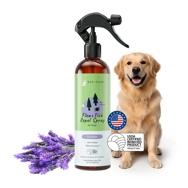 kin+kind Spray Anti-Puces et Tiques pour Chiens – Protection Végétale au Romarin, Lavande et Cèdre – 355 ml