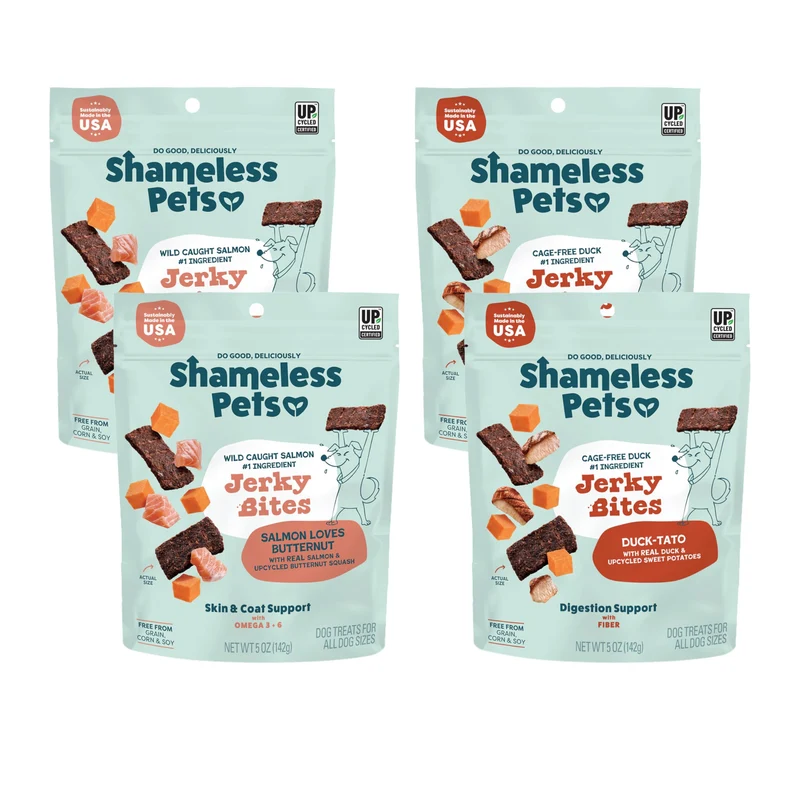 Shameless Pets Jerky Bites – Pack Découverte 4 Sachets, Friandises Saines au Saumon et Canard, Sans Céréales