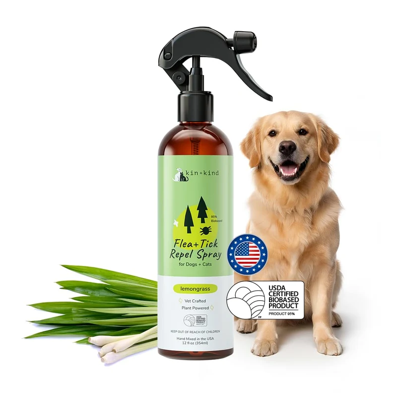 kin+kind Spray à base de plantes – Puces et tiques – Citronnelle – Chiens et Chats – 12 oz