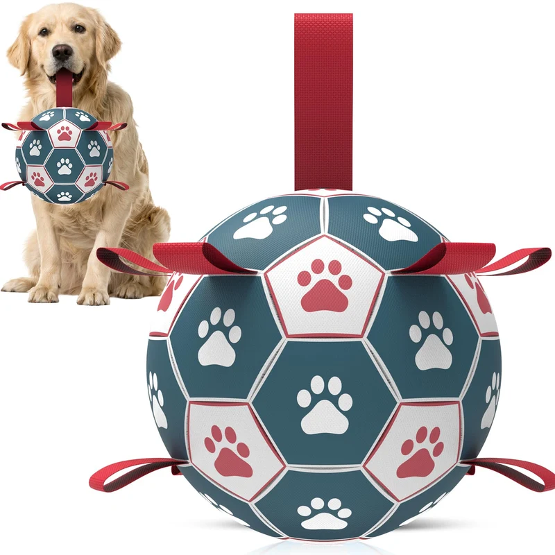 QDAN Ballon de Foot pour Chien avec Sangles – Jouet Durable en PU pour Grands Chiens (8 pouces)