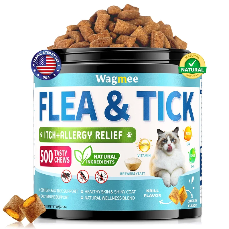Wagmee – Friables à mâcher anti-puces pour chats (500 bouchées croquantes et crémeuses) | Prévention puces et tiques