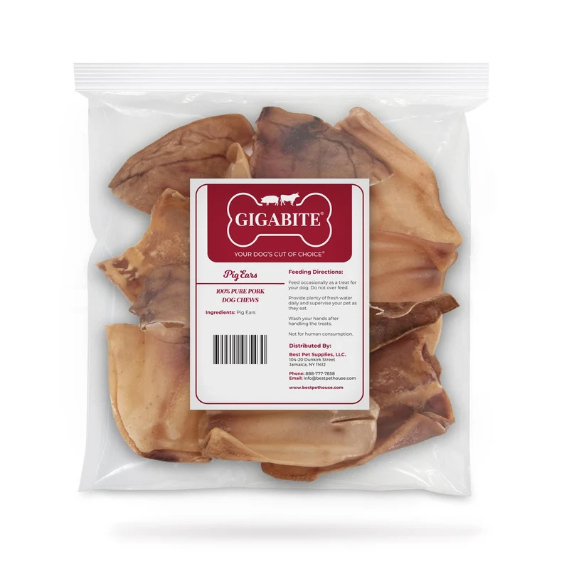 Best Pet Supplies GigaBite Oreilles de Porc Entières pour Chiens – Friandises Naturelles à Cuisson Lente pour Grands Chiens | Lot de 12