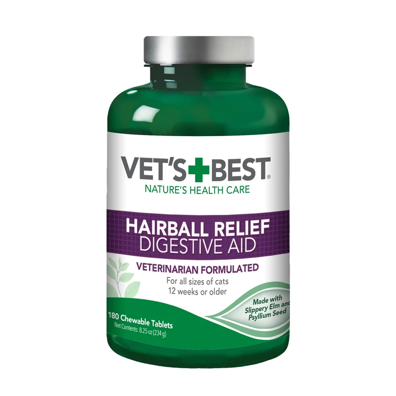 Vet’s Best Chat Hairball Relief – Aide digestive vétérinaire, prévention des boules de poils, saveur poulet, 180 comprimés