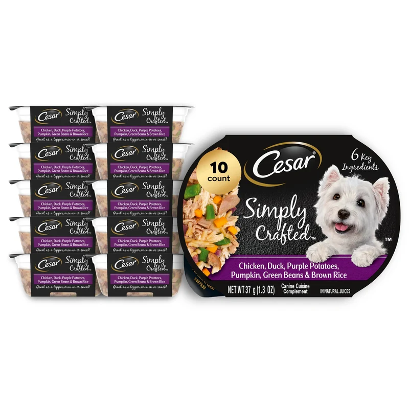 CESAR Simply Crafted – Garnitures Humides pour Chiens Adultes (Poulet, Canard, Légumes) – Pots 1,3 oz, Lot de 10