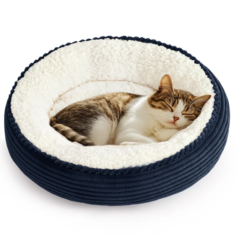 Love's cabin Nid Rond Donut – Lit Doux 20 pouces pour Chats et Petits Chiens, Antiderrapant et Lavable, Bleu Marine Rayé